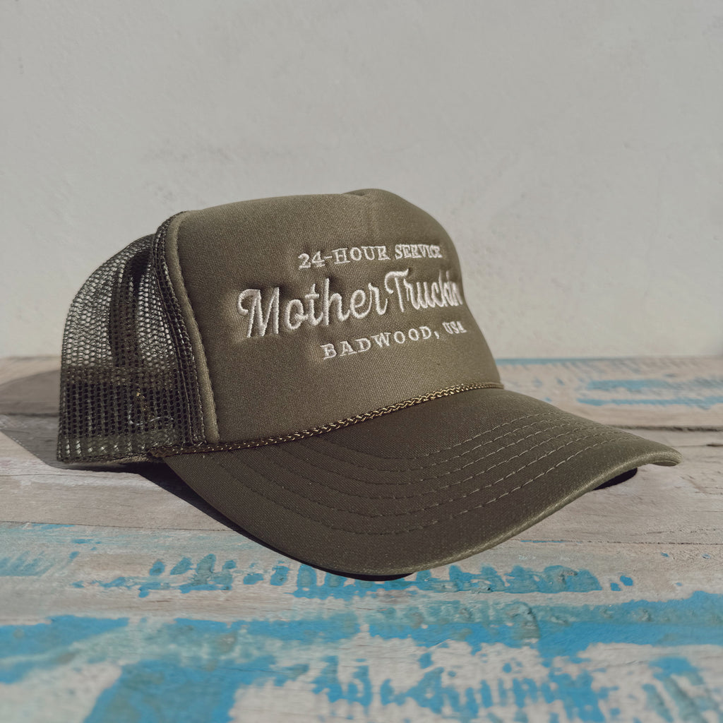 "MOTHERTRUCKING" TRUCKER HAT in OLIVE